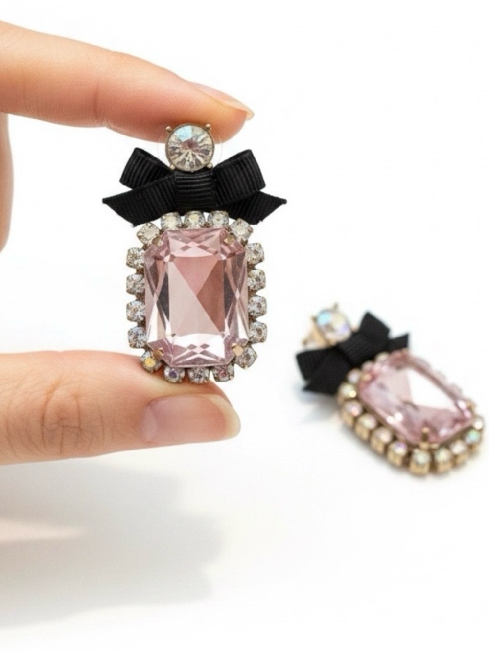 Betsey Johnson Pink Crystal Drop Earrings with Black Ribbon Bow - Picture 2 of 3
